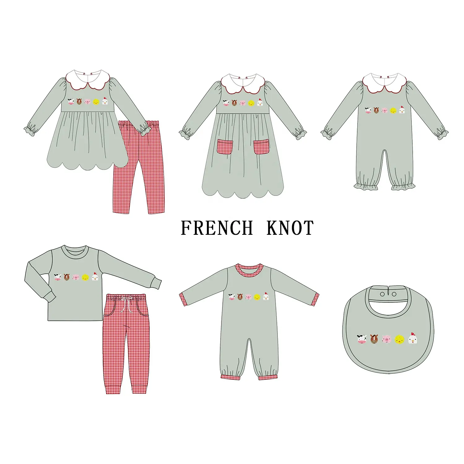 Puresun özel tasarımlar bebek giysi fransız düğüm çiftlik nakış çocuk butik giyim kız güz kış giysileri seti