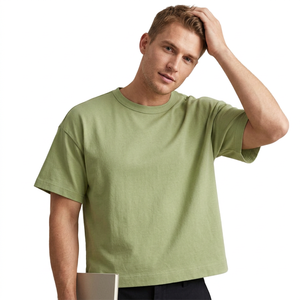 T-shirt à manches courtes pour homme, vert olive, coupe classique, jersey de coton, décontracté, col rond, couleur unie - Product Image 1