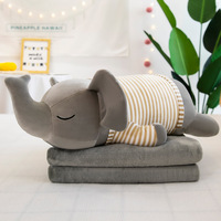 Couverture de sieste et oreiller 2-en-1 en peluche, motif éléphant et hippopotame mignons, confortable, pour le sommeil des enfants, adaptée à la climatisation