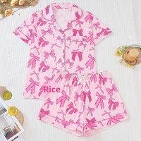 Set Piyama Cardigan Wanita Musim Panas Terlaris E-commerce Lintas Batas, Motif Pita, Kerah Lipat, Lengan Pendek, Celana Pendek