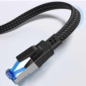 สายแพทช์คอร์ด Cat8 แบบแบน ความเร็วสูง 50 ฟุต สีดำ แบบถัก STP สายอีเธอร์เน็ต 40Gbps 2000MHz RJ45 สายแลนแบบมีชีลด์ สำหรับเราเตอร์และเกมมิ่ง - Product Image 1