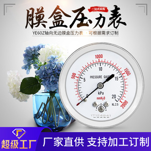 Customized diaphragm pressure <b>gauge</b> YE60Z with zero-adjustment <b>thread</b>, 1/4 axial edgeless stainless steel housing, micro - Product Image 5