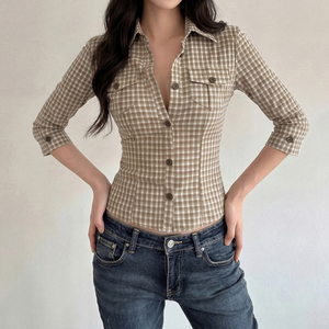 Ladies Brown Plaid 3/4 Sleeve Shirt, Button Up Lapel-neck Slim Fit Blouse, Y2K Casual Retro Workwear Top - Product Image 6