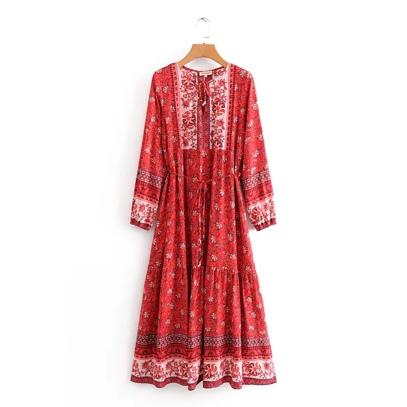 2 colorway lace up v neck red floral print casual loose women rayon maxi bohemian sashes dress