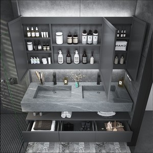 Meuble de salle de bain moderne en pierre frittée avec lavabo résistant à l'eau et support de toilette - Product Image 2