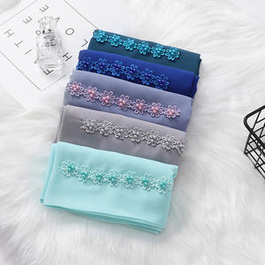 Hijab à fleurs personnalisé en mousseline de soie pour femmes écharpe avec broderie florale mode musulmane foulards Islam bandeau châle Ramadan voile - Product Image 2