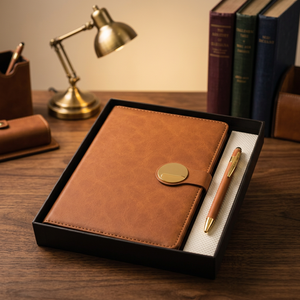 Brown Leather Notebook and Pen <b>Gift</b> <b>Set</b> with Gold Clasp Business Promotional Office Kit - Product Image 3