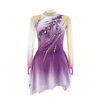 Robe de patinage artistique violette et blanche à col montant, manches longues en maille, ornée de strass, pour enfants et adultes, pour compétition et spectacle