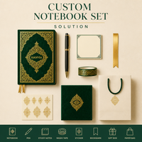 Carnet de notes personnalisé en velours émeraude royal, couverture rigide, bords dorés, logo estampé à chaud, motif arabesque islamique, cadeau VIP