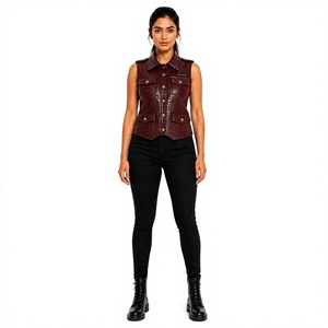 Gilet sans manches en cuir PU pour femme avec col rabattu et fermeture boutonnée, couleur unie, vêtement d'extérieur décontracté - Product Image 1