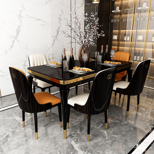 Luxury Leather Chairs 1+6 Set White Marble Stone Solid Wood Dining Table Sets 6 Chairs