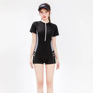 One-Piece Zipper Sports Swimsuit Swimwear Women Modest Short Sleeves Sport Swimsuit Wear Bathing Suit