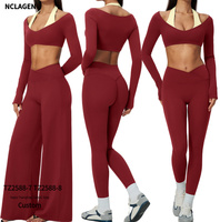 Ensemble de sport pour femme : Haut court rembourré à col halter contrastant et manches longues, et Legging taille haute sculptant le ventre et rehausseur de fesses