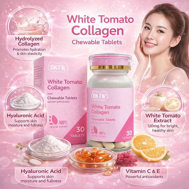 OKTW White Tomato Collagen Chewable Tablet Hyaluronic Acid Vitamin Skin Hydration Elasticity Brightening 7 Day Whitening Tablet