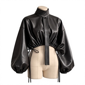 Women PU <b>Leather</b> Blouson Jacket Stand Collar Lantern Sleeve Lace Up Closure <b>Short</b> Length Autumn Style - Product Image 1