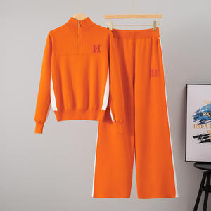 Costume <span class=keywords><strong>de</strong></span> sport décontracté pour femmes <span class=keywords><strong>de</strong></span> style européen Pull à manches longues et demi-fermeture éclair d'automne Ensemble <span class=keywords><strong>de</strong></span> pantalons larges en tricot deux pièces pour étrangers - Product Image 4