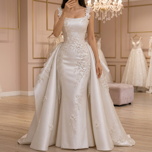 S1456Y 2026 Nouveauté Tendance : Robe de Soirée Française de Luxe, Col Carré Moderne, Élégante, avec Perles, Pompons et Motifs Floraux, en Satin Réversible - Product Image 3