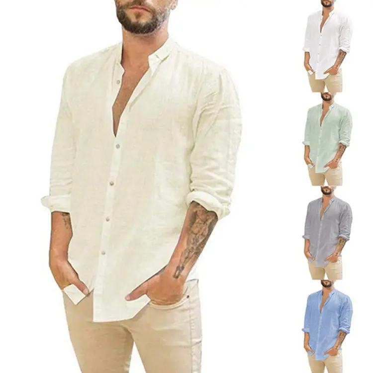 2023 New Men'S Linen Cardigan Solid Color Casual Stand-Up Collar Long-Sleeved Shirt