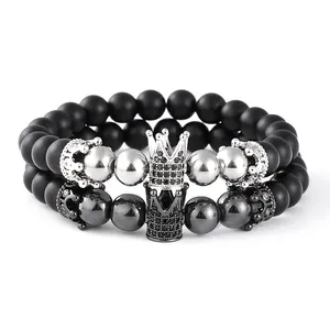 Csja F250 — Bracelet en Agate noir pour hommes, accessoires faits main, en acier inoxydable, bijoux de mode, couronne, perles d'onyx