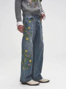 Jeans de Hombre con Bordado Floral, Estilo Urbano Vintage, Holgados, Desgastados, Rotos, Corte Recto, Pantalones de Mezclilla - Product Image 2