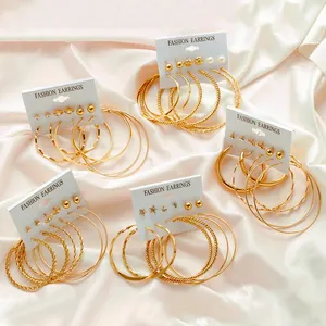 6pairs/card Trendy Gold Plated Small Ball Zircon Flower Ear Stud Women Big Hoop Earring Set Jewelry