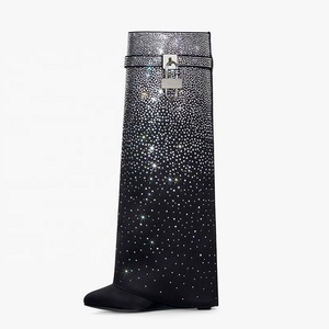 Botas largas de tacón de cuña Lock Shark con superposición, botines hasta la rodilla para mujer, con punta redonda y diamantes brillantes, zapatos para dama - Product Image 3