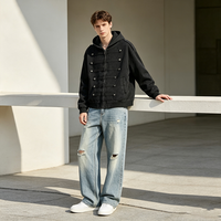 Veste à capuche vintage délavée à multiples boutons et bretelles, coupe ample, épaules tombantes, style streetwear décontracté