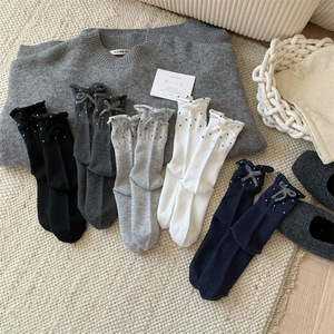 Calcetines de algodón elásticos con lazo y puño enrollado de color liso con lunares, estilo <span class=keywords><strong>Huf</strong></span> apilado para mujer, 2026 CE - Product Image 4
