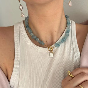 <span class=keywords><strong>Collana</strong></span> Girocollo alla Moda con Ciondolo in Pietra Naturale di Acquamarina e Perla d'Acqua Dolce per Donna - Product Image 2