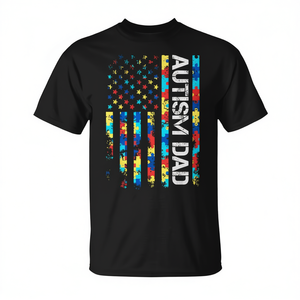 T-shirt Autism Dad Usa Flag a maniche corte con scollo rotondo e stampa digitale, regalo per la festa del papà per uomo - Product Image 3