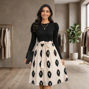 Vestido negro de manga larga para mujer con falda con estampado geométrico color crema, estilo étnico, ropa informal de primavera y verano - Product Image 1