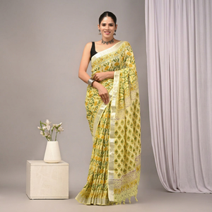 HandBlock Print Premium Cotton <b>Linen</b> Saree for <b>Women</b> – Soft Breathable Traditional Indian Ethnic Wear - Product Image 1