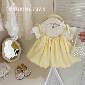 Tongxingyuan Baby Girls Summer Dress Set Cotton Lace Two Piece Princess Outfit Solid Color Thin Fabric Kids Clothing - Product Image 1