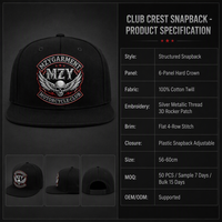 Casquette Snapback de Luxe Vintage en Twill à 5 Panneaux Personnalisée OEM avec Broderie 3D du Logo du Club de Moto et Visière Plate