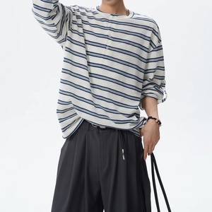 Custom Stylish White Blue Stripe <b>Henley</b> Collar Button Placket Loose Fit Long Sleeve <b>Men</b> Casual Striped <b>T</b> <b>Shirt</b> - Product Image 2
