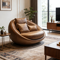 Fauteuil lounge rond en cuir véritable de luxe moderne, canapé moelleux pour salon, hôtel, appartement, meubles