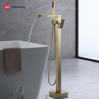 Robinet de baignoire cascade moderne de luxe en laiton brossé doré à poignée unique avec douchette à main pour baignoire autoportante