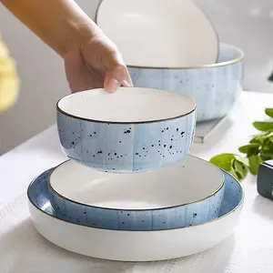 De gros ensemble plaque bleu-Nouveau Design Style européen peinture à la main bleu céramique porcelaine vaisselle assiettes bol Restaurant dîner ensemble vaisselle