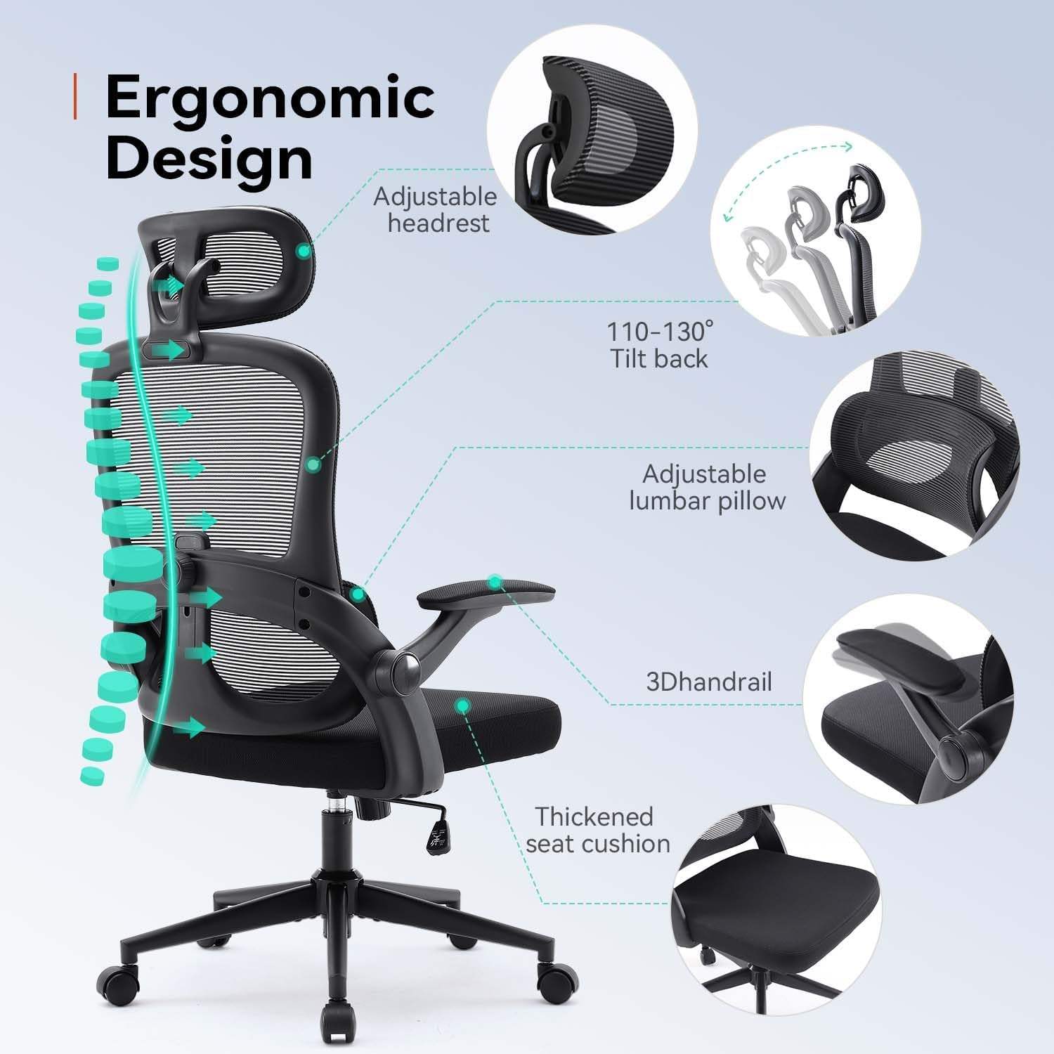 2024 NEW Up&Down Lumbar Support Swivel Computer Ergonomic Mesh
