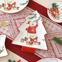 BONWILL Nouveauté transfrontalière Vaisselle en céramique de Noël Peinte à la main Design nordique minimaliste Bol et assiette Ours polaire Arbre de Noël