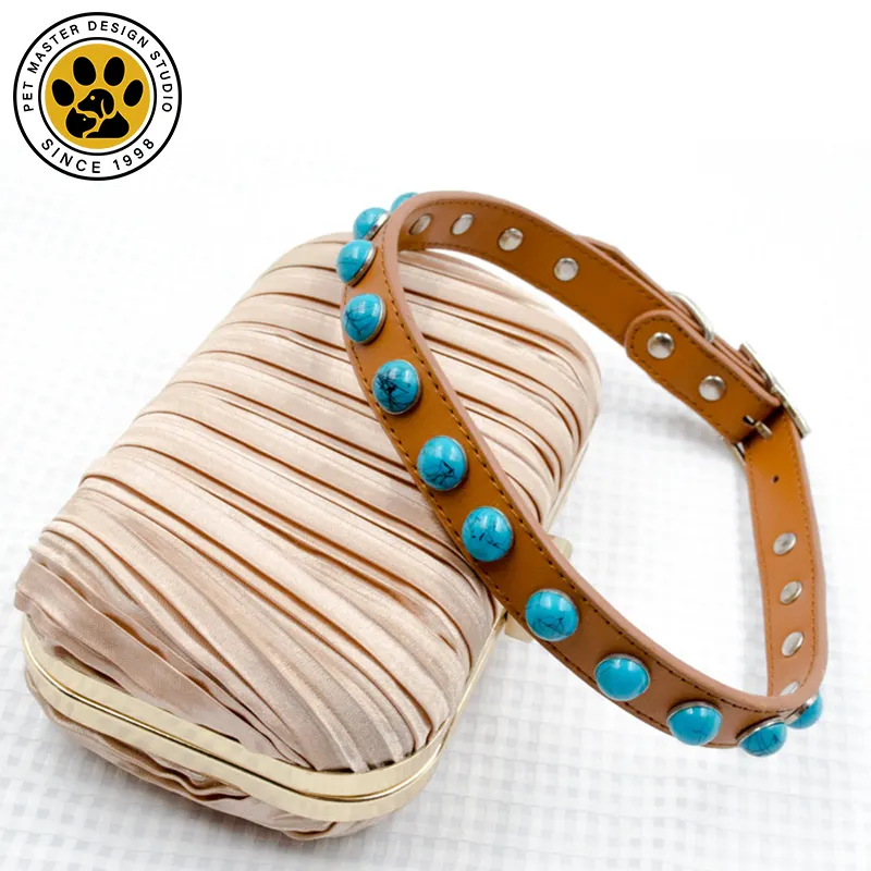 Pet Master Custom Logo Waterproof Adjustable Puppy Collar Designer Necklace Soft Leather Dog Collar With Jewelry Malachite