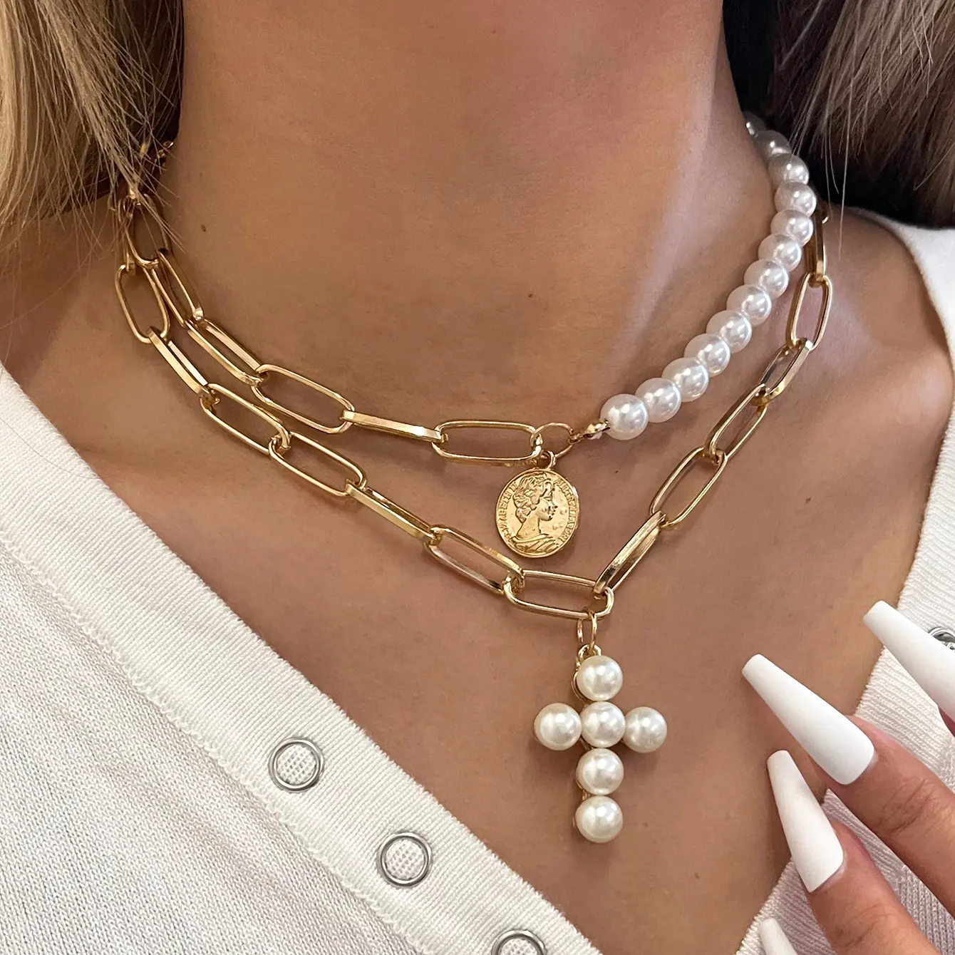 Sandlan Double Pearl Cross Pendant Necklace Vintage Gold Charming Pearl Necklace Gift For Women