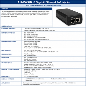 Injecteur PoE Gigabit Ethernet <span class=keywords><strong>AIR</strong></span>-<span class=keywords><strong>PWRINJ6</strong></span>, module d'alimentation 30W pour point d'accès sans fil - Product Image 3