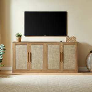 Modern Rattan 4-Door Buffet Cabinet Large <b>Sideboard</b> & Credenza for Living Room Dining Hotel Use - Product Image 3