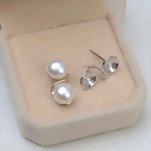S925 Silver Double Bead <b>Earrings</b> for Women Personalized DIY Pearl Accessories Empty <b>Holder</b> Jewelry Findings Components - Product Image 2