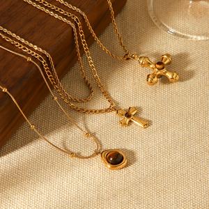 クロスペンダントネックレスステンレス18K金メッキ自然石セーターチェーンネックレス - Product Image 2