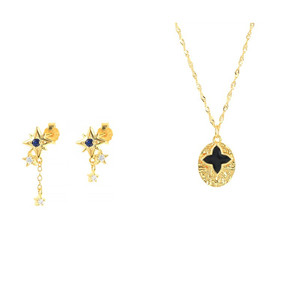 Parure de bijoux ROXI : Collier pendentif émail croix et boucles d'oreilles pendantes zircon étoile noire - Product Image 1
