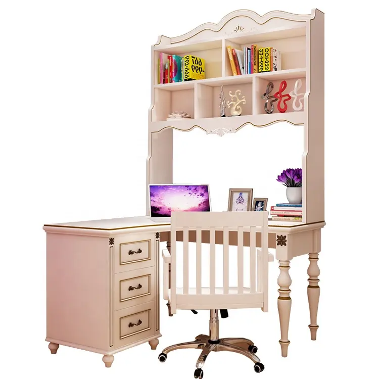 White Wooden Home Office Furniture Kid Children Computer Study baby Desk with Bookshelf for Teenagers study bedroom furniture