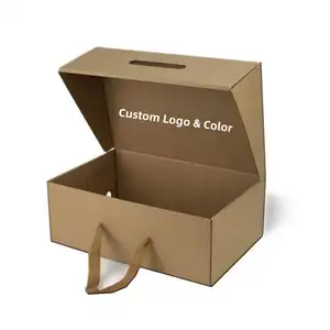 Оптовая продажа, низкий минимальный заказ, изготовленная на заказ коробка из гофрированного картона для упаковки одежды, нижнего белья, обувной коробки с ленточной ручкой