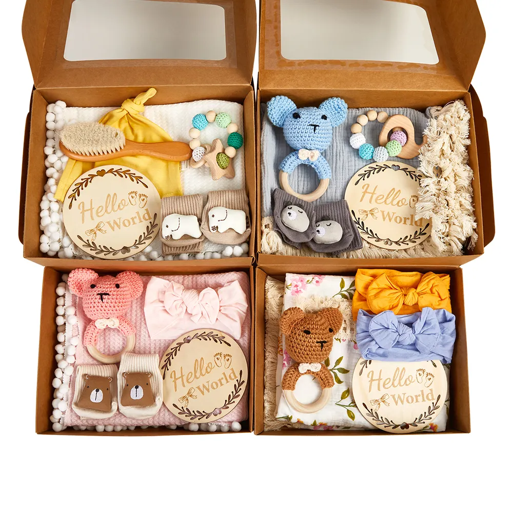 Diy Baby Mousseline Deken Set Rammelaar Bijtring Bijpassende Hoofdband Pasgeboren Sokken Baby Cadeau Set